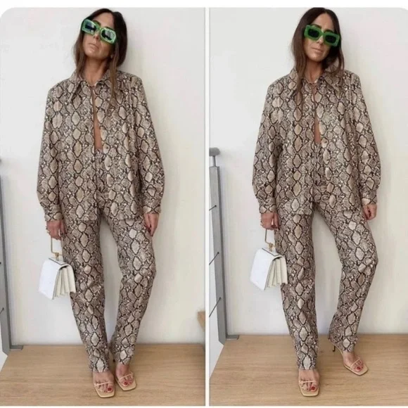 Zara Snake Print Faux Leather Pants Sand Brown High Waist Sz S
